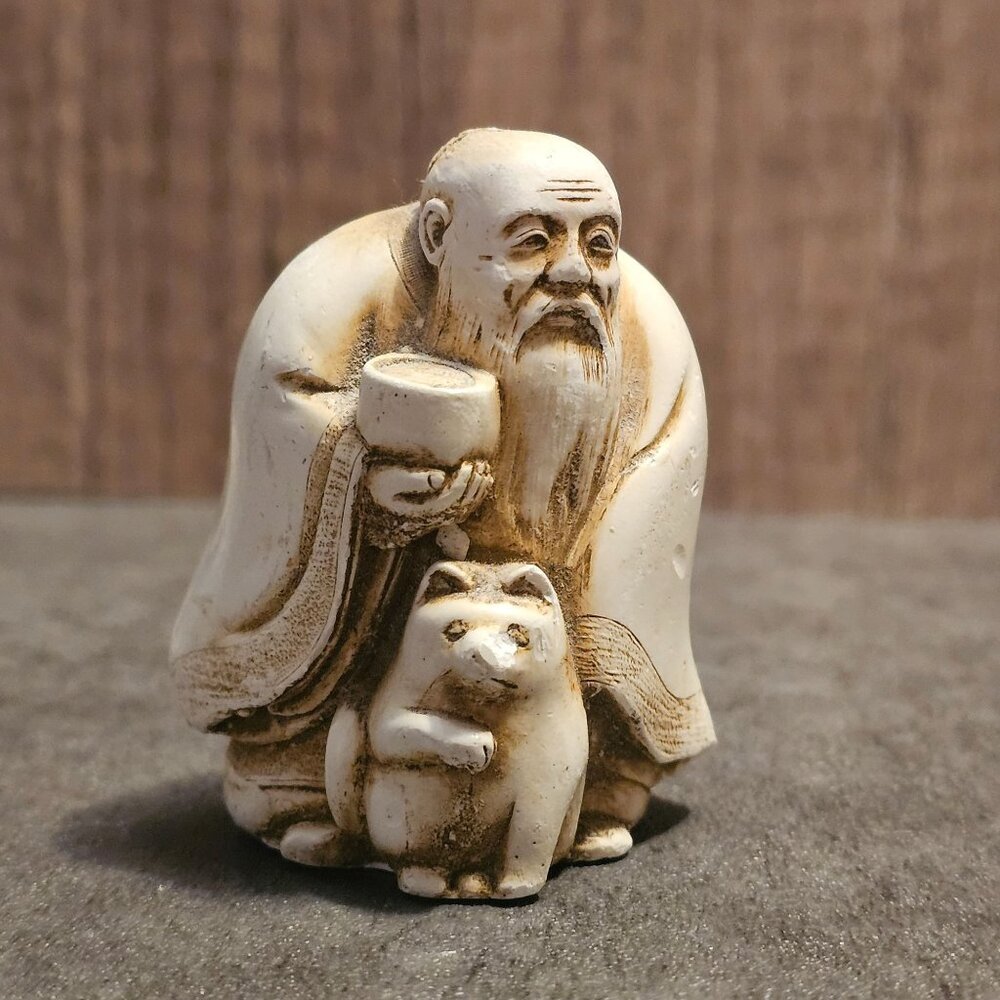 Japanese Figurine Jurojin God of Longevity with Tanuki Japanese Raccoon Dog CHIP